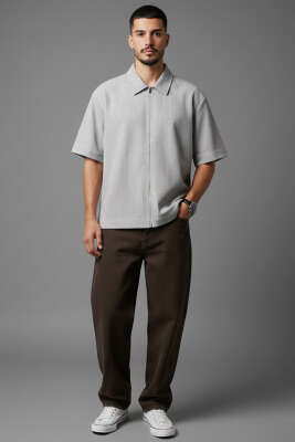 Fermuarlı Detaylı Kısa Kol Gömlek Gri - Erkek Gömlek