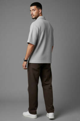 Fermuarlı Detaylı Kısa Kol Gömlek Gri - Erkek Gömlek