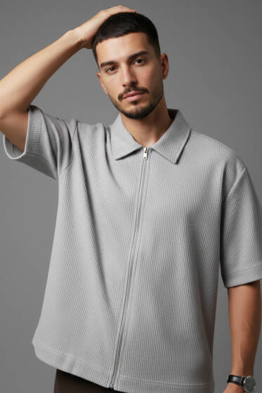 Fermuarlı Detaylı Kısa Kol Gömlek Gri - Erkek Gömlek