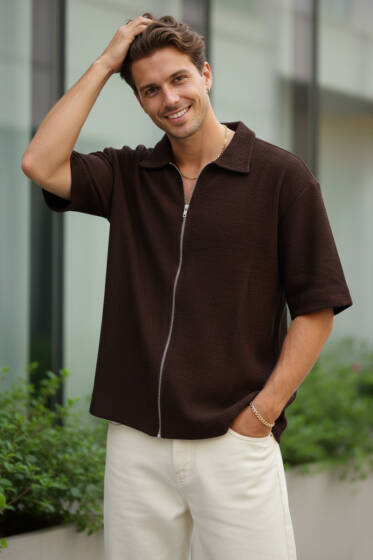 Fermuarlı Detaylı Kısa Kol Gömlek Kahve - Erkek Gömlek