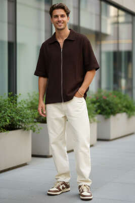 Fermuarlı Detaylı Kısa Kol Gömlek Kahve - Erkek Gömlek