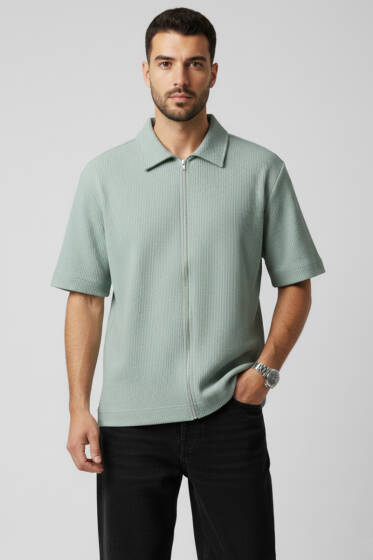 Fermuarlı Detaylı Kısa Kol Gömlek Mint - Erkek Gömlek