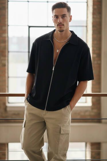 Fermuarlı Detaylı Kısa Kol Gömlek Siyah - Erkek Gömlek