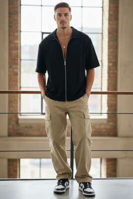 Fermuarlı Detaylı Kısa Kol Gömlek Siyah - Erkek Gömlek