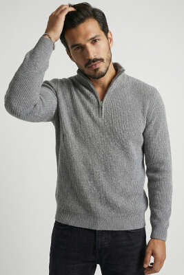 Fermuarlı Dik Yaka Erkek Triko Hırka Gri - BETEKS