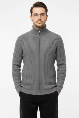 Fermuarlı Dik Yaka Erkek Triko Hırka Gri - BETEKS