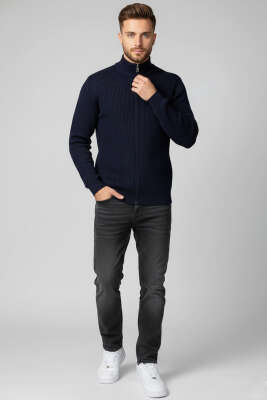 Fermuarlı Dik Yaka Erkek Triko Hırka Lacivert - Yeni Erkek Giyim
