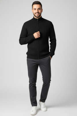 Fermuarlı Dik Yaka Erkek Triko Hırka Siyah - Erkek Hırka