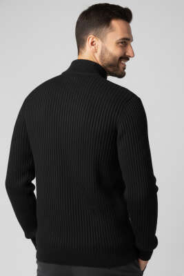 Fermuarlı Dik Yaka Erkek Triko Hırka Siyah - Erkek Hırka