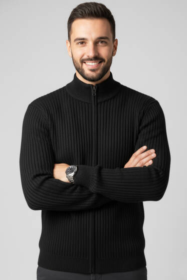 Fermuarlı Dik Yaka Erkek Triko Hırka Siyah - Yeni Erkek Giyim