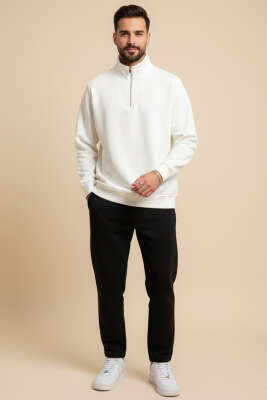 Fermuarlı Dik Yaka Üç İplik Sweatshirt Ekru - Erkek Sweatshirt