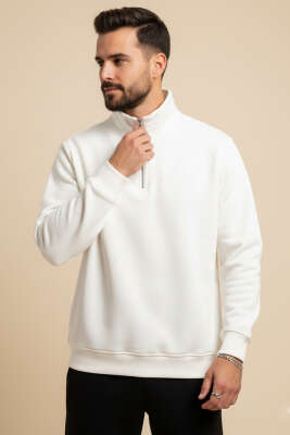Fermuarlı Dik Yaka Üç İplik Sweatshirt Ekru - WOLEE
