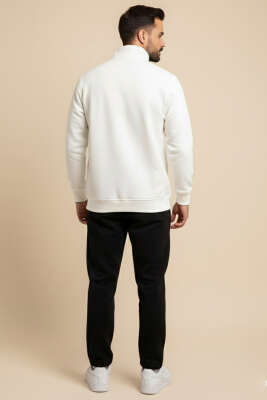 Fermuarlı Dik Yaka Üç İplik Sweatshirt Ekru - Yılın Fırsatı