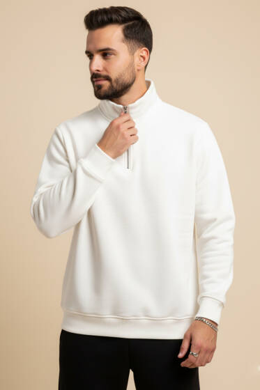 Fermuarlı Dik Yaka Üç İplik Sweatshirt Ekru - Yılın Fırsatı