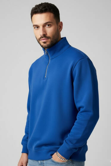 Fermuarlı Dik Yaka Üç İplik Sweatshirt Lacivert - Yılın Fırsatı