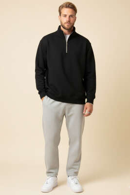 Fermuarlı Dik Yaka Üç İplik Sweatshirt Siyah - Erkek Sweatshirt