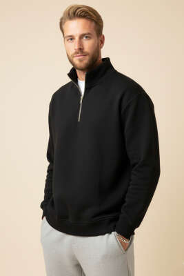 Fermuarlı Dik Yaka Üç İplik Sweatshirt Siyah - WOLEE