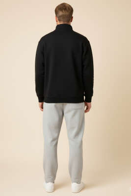 Fermuarlı Dik Yaka Üç İplik Sweatshirt Siyah - Yılın Fırsatı