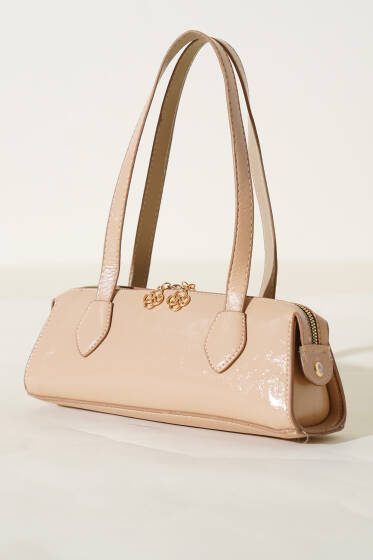 Fermuarlı Dikdörtgen Rugan Çanta Bej - Kol Çantası