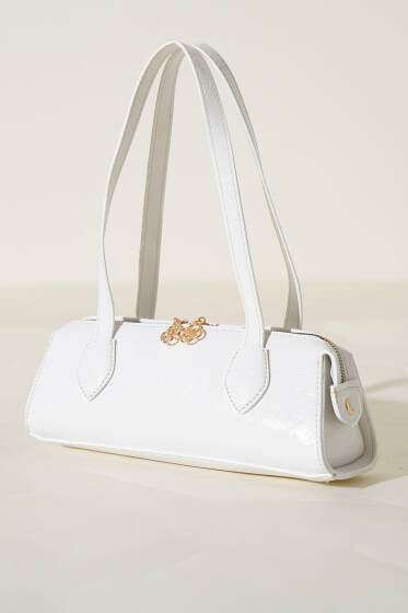 Fermuarlı Dikdörtgen Rugan Çanta Beyaz - Kol Çantası
