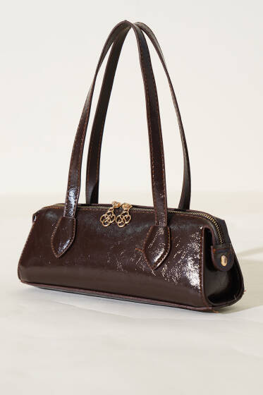 Fermuarlı Dikdörtgen Rugan Çanta Kahve - Kol Çantası