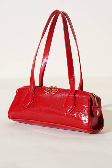 Fermuarlı Dikdörtgen Rugan Çanta Kırmızı - Kol Çantası