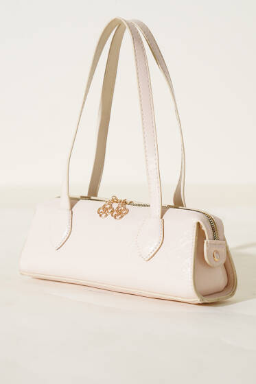 Fermuarlı Dikdörtgen Rugan Çanta Krem - Kol Çantası