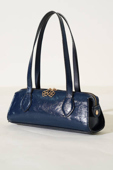 Fermuarlı Dikdörtgen Rugan Çanta Lacivert - Kol Çantası