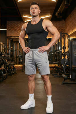 Fermuarlı Erkek Sporcu Şort Gri - ERKEK ŞORT