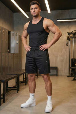 Fermuarlı Erkek Sporcu Şort Siyah - ERKEK ŞORT