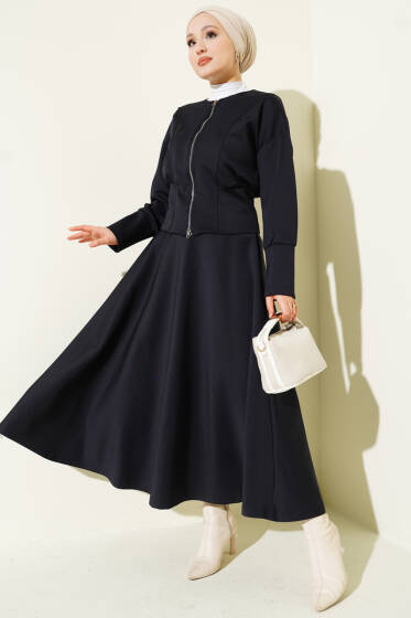 Fermuarlı Etekli Scuba İkili Takım Lacivert - İkili Takım