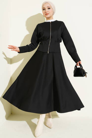 Fermuarlı Etekli Scuba İkili Takım Siyah - İkili Takım