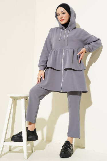 Fermuarlı Fırfırlı Dabıl İkili Takım Gri - İkili Takım