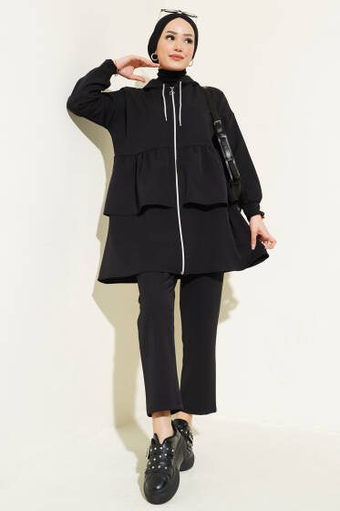 Fermuarlı Fırfırlı Dabıl İkili Takım Siyah - İkili Takım