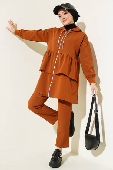 Fermuarlı Fırfırlı Dabıl İkili Takım Taba - İkili Takım