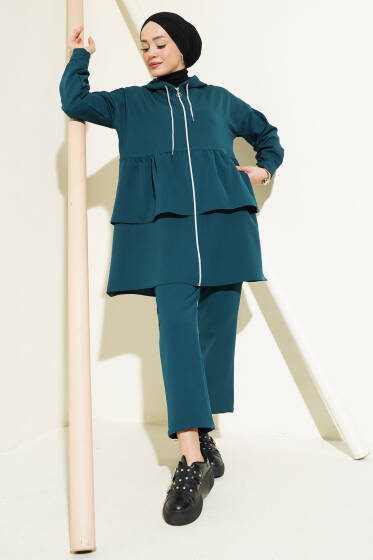 Fermuarlı Fırfırlı Dabıl İkili Takım Zümrüt - İkili Takım