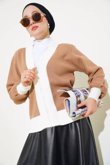 Fermuarlı Fitilli Triko Hırka Bisküvi - Hırka