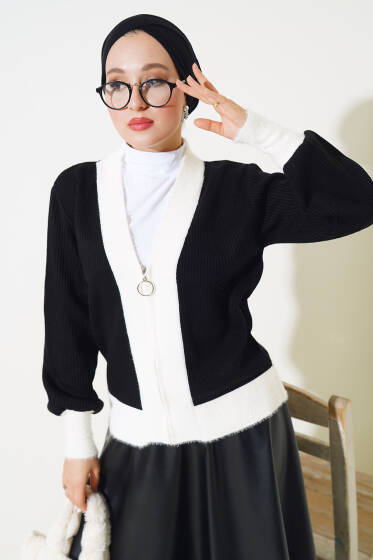 Fermuarlı Fitilli Triko Hırka Siyah - Hırka