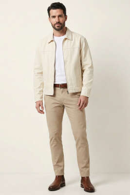 Fermuarlı Gabardin Erkek Ceket Krem - Erkek Ceket