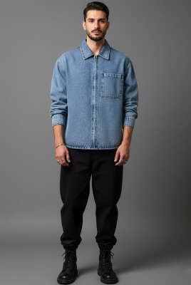 Fermuarlı Gabardin Erkek Gömlek Mavi - Erkek Gömlek