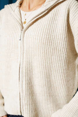 Fermuarlı Geniş Örgülü Hırka Bej - Kadın Giyim Modelleri