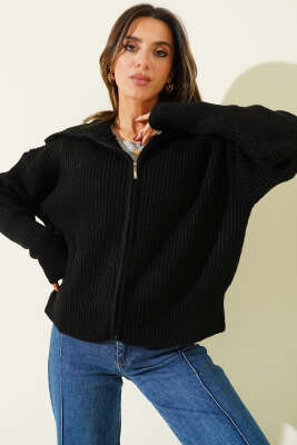 Fermuarlı Geniş Örgülü Hırka Siyah - Kadın Giyim Modelleri