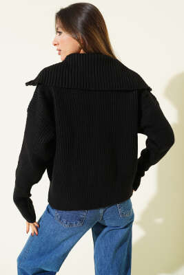 Fermuarlı Geniş Örgülü Hırka Siyah - Kadın Giyim Modelleri