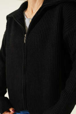 Fermuarlı Geniş Örgülü Hırka Siyah - Kadın Giyim Modelleri