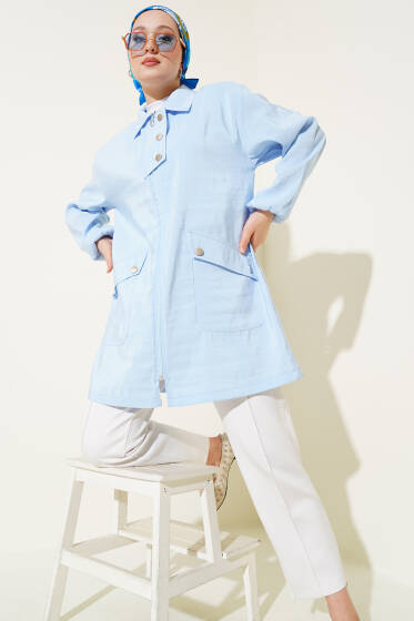 Fermuarlı Gömlek Yaka Kap Mavi - Dış Giyim&Mont