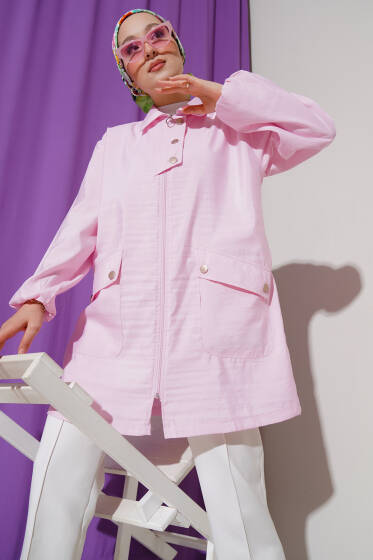 Fermuarlı Gömlek Yaka Kap Pembe - Dış Giyim&Mont
