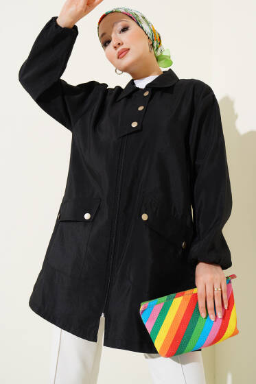 Fermuarlı Gömlek Yaka Kap Siyah - Dış Giyim&Mont