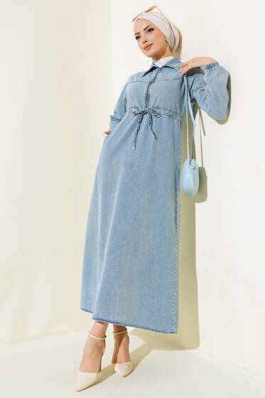 Fermuarlı Gömlek Yaka Kot Elbise Kot Mavisi - Tesettür Elbise