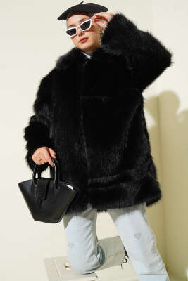 Fermuarlı Gömlek Yaka Kürk Mont Siyah - MISRA