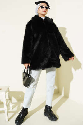 Fermuarlı Gömlek Yaka Kürk Mont Siyah - Mont